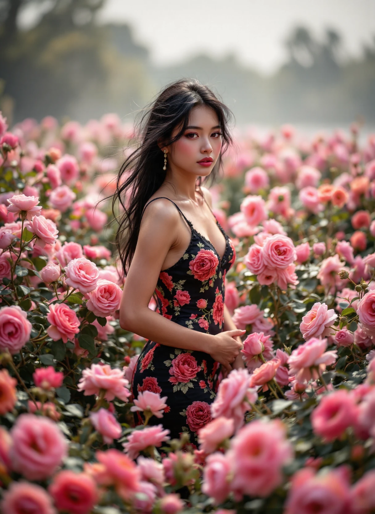 Polynesian Woman Pink Roses Silhouette