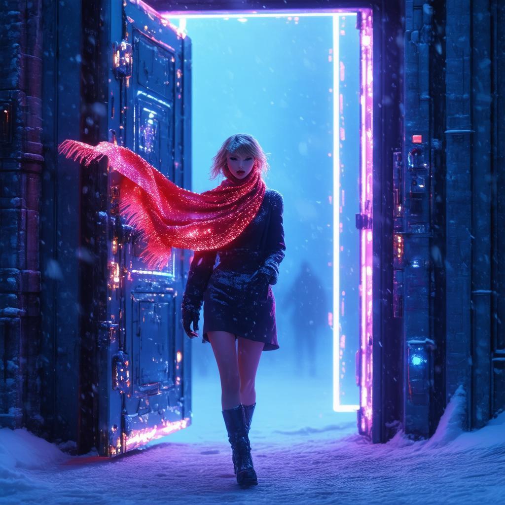 Taylor Swift in a Neon Snowstorm Doorway