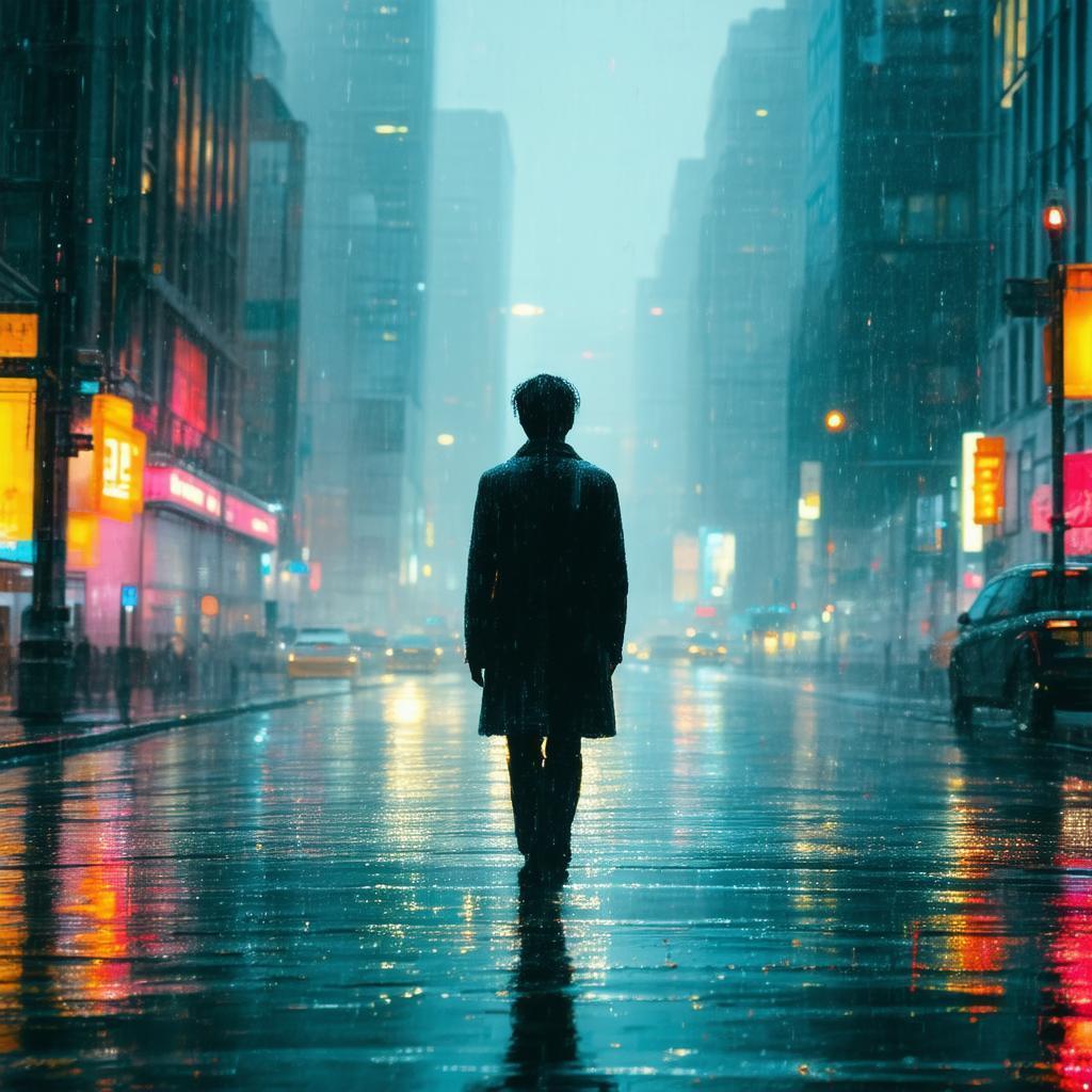 Solitary Figure Amid Swirling City Lights