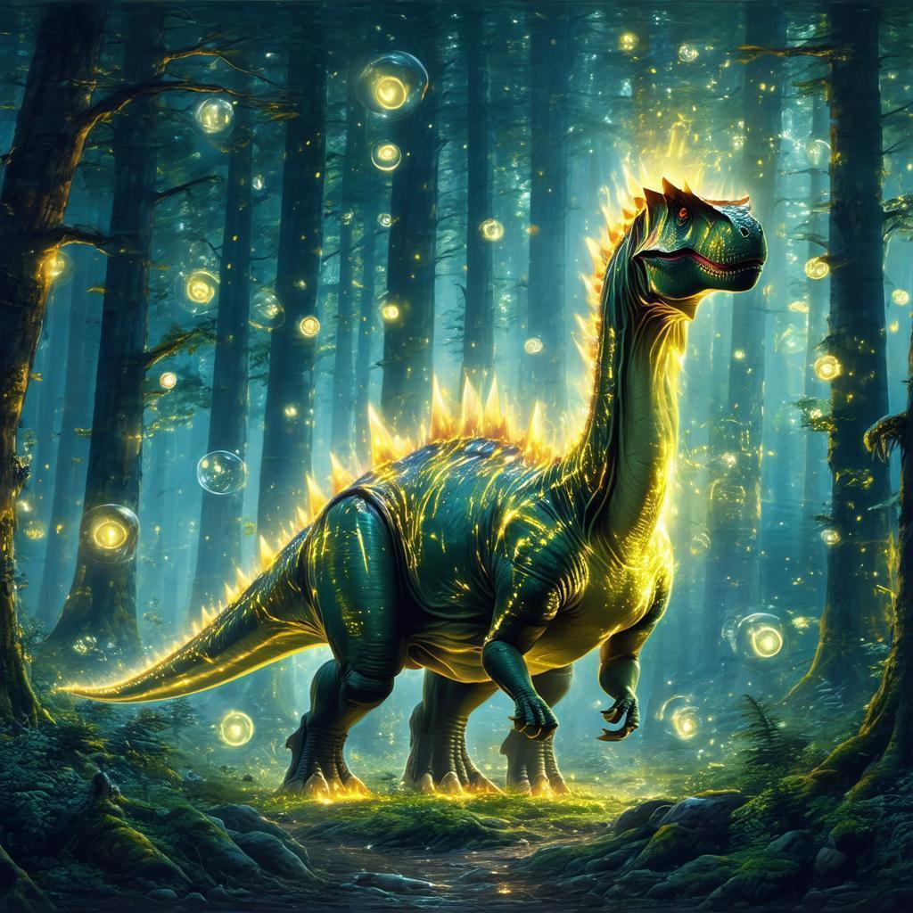 Glowing Stegosaurus Among Runes and Orbs