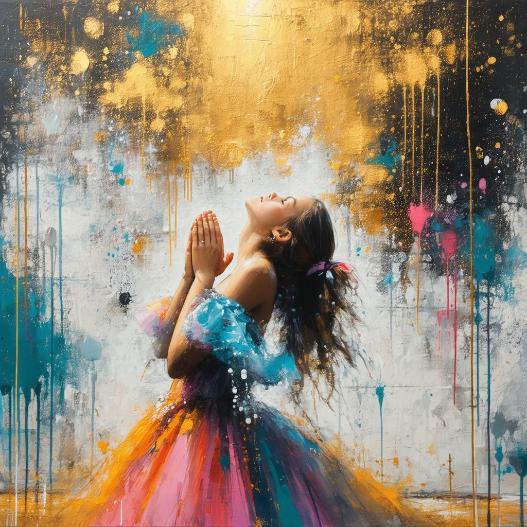 Praying Girl in Spray Paint and Ballgown