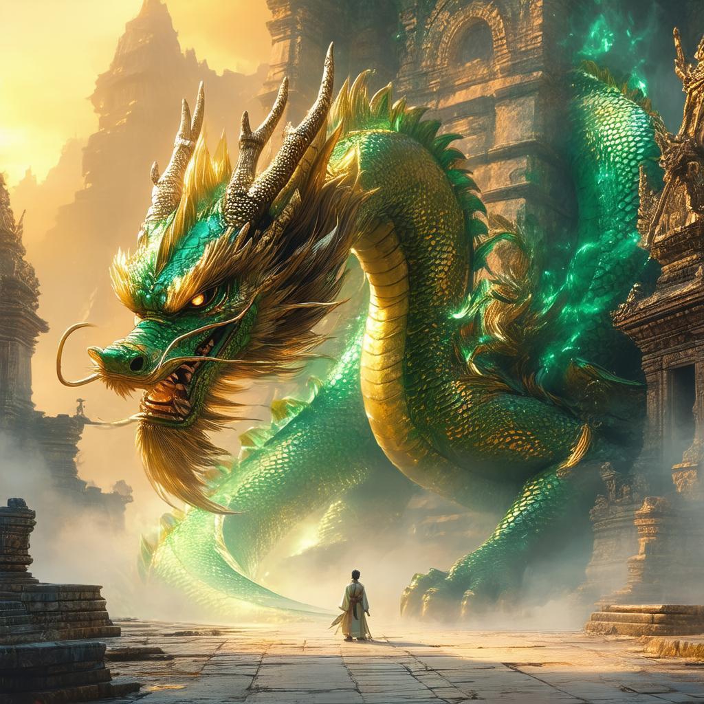 Golden Dragon Coiled Around Ancient Temples