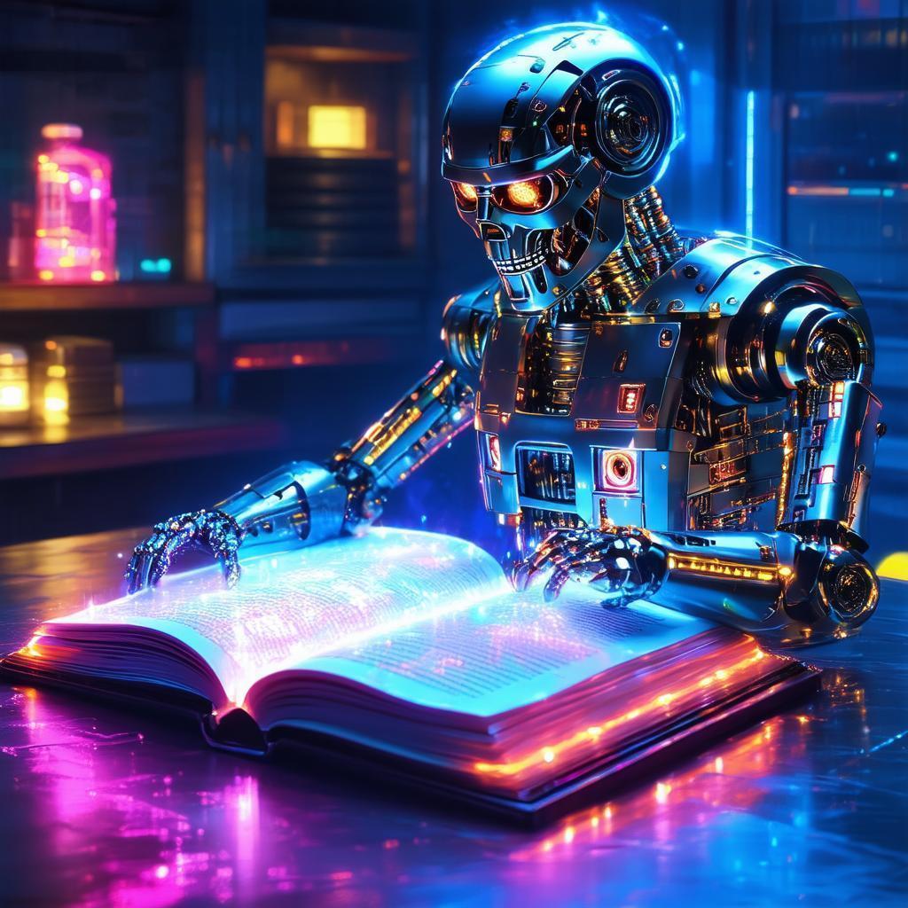 Neon Terminator Rising From a Holographic Book