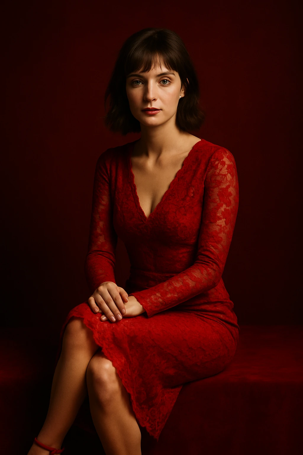 Woman Red Lace Dress Portrait