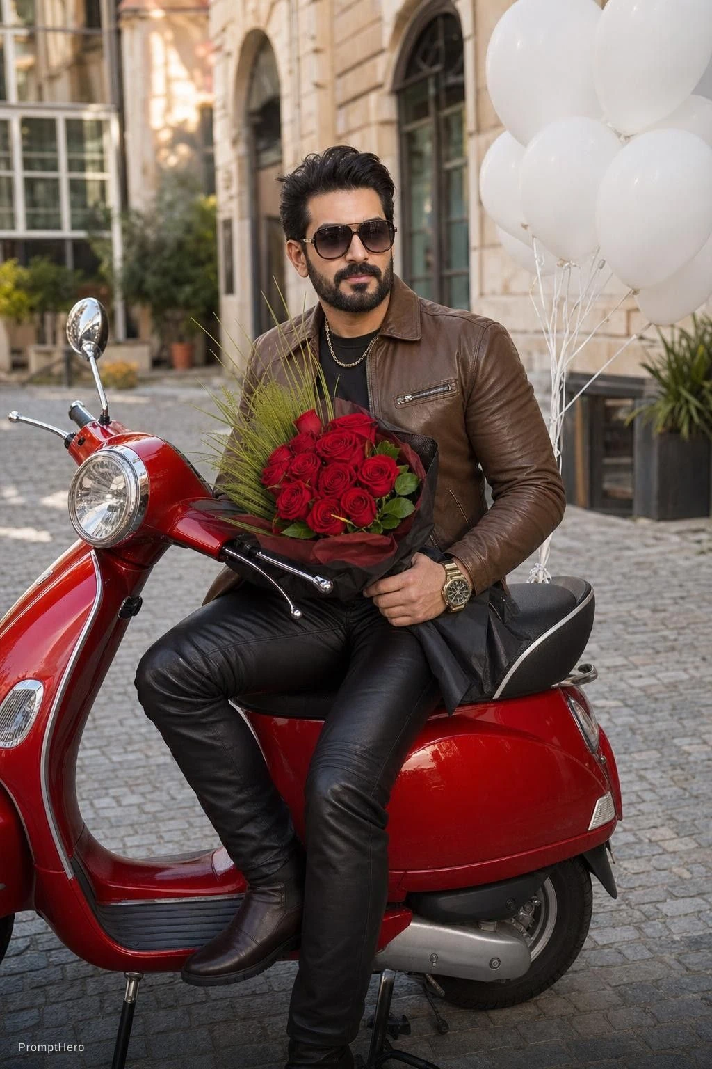 Man Red Scooter Roses Urban