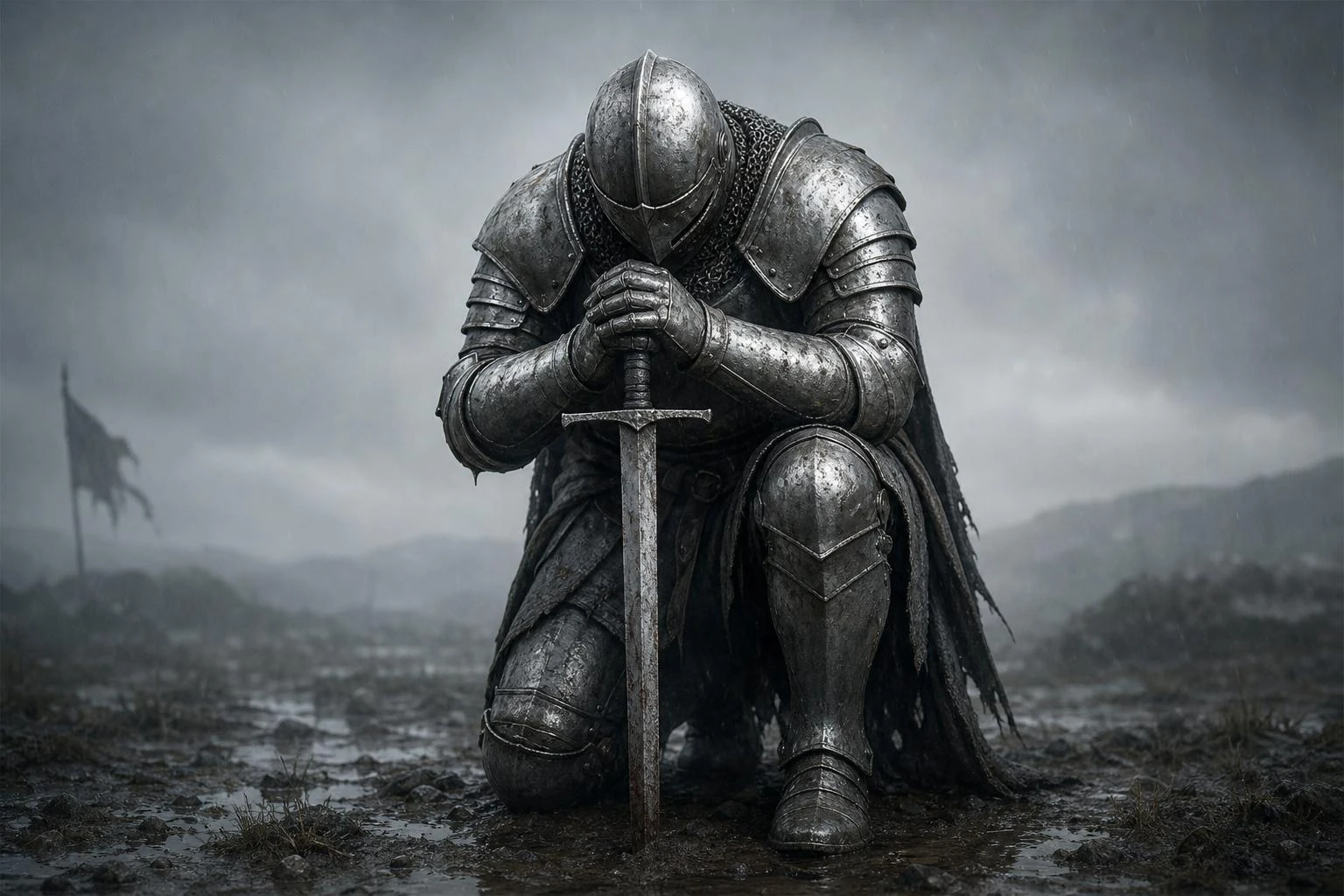 Knight Kneeling Storm Sword