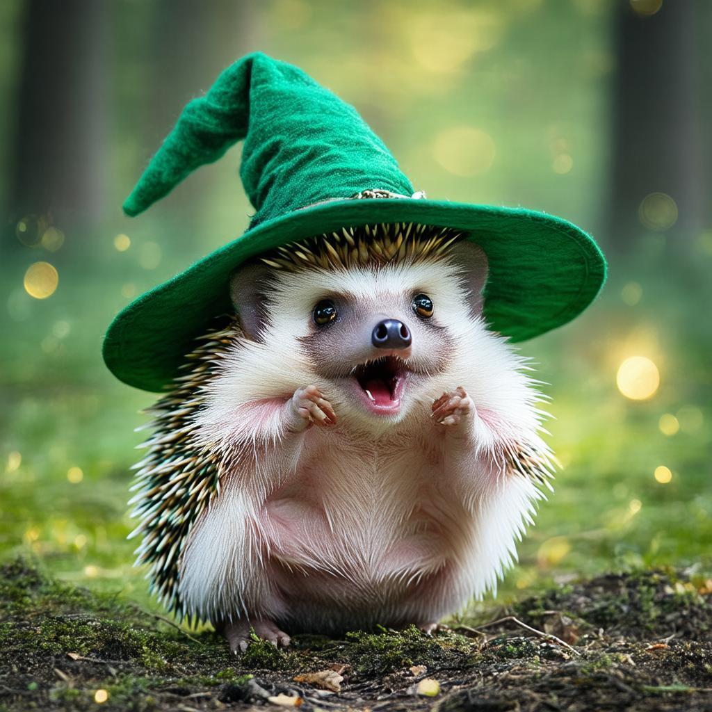 Astonished Hedgehog Wizard in a Green Hat