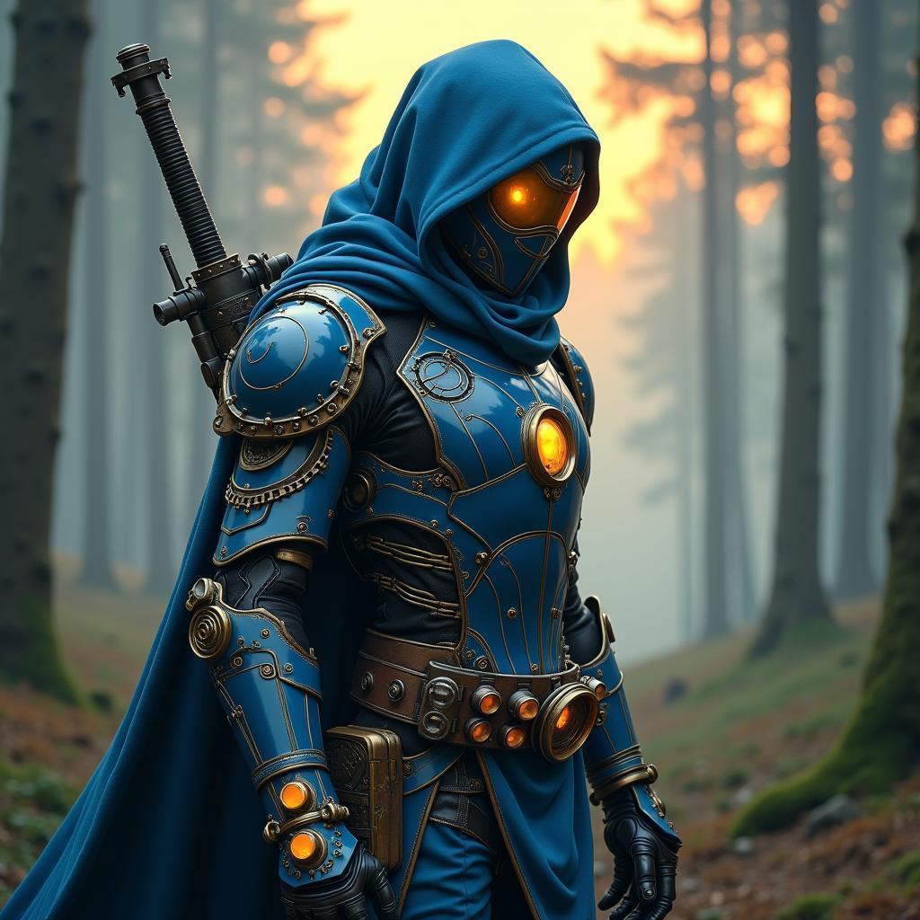 Steampunk Cyborg Ninja in a Foggy Forest