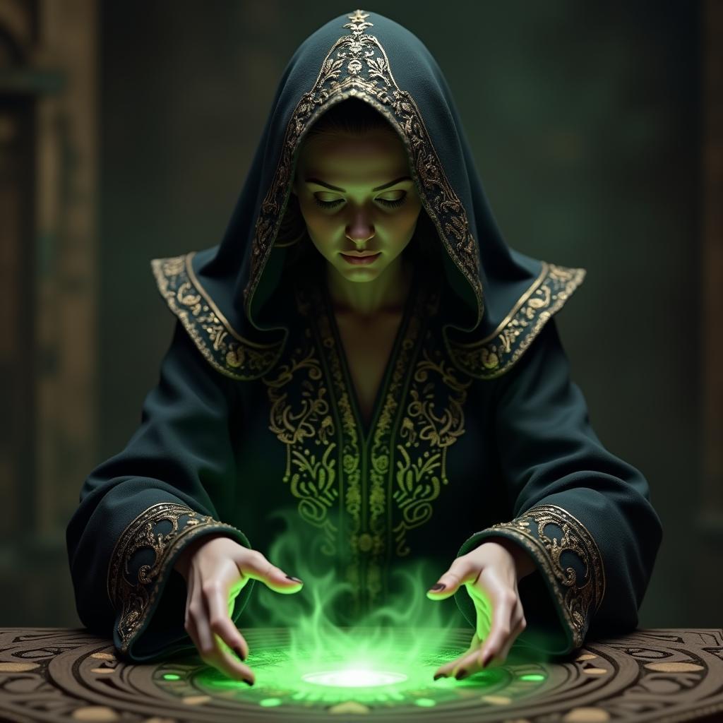 Sorceress Casting Green Spells in Gold Embroidery