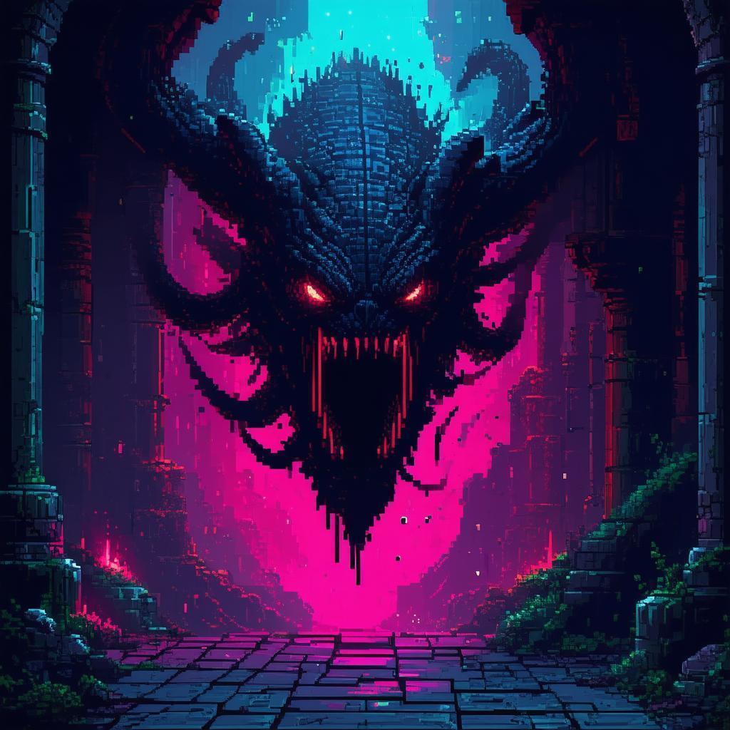Menacing Floating Creature in Pixelated Darkness