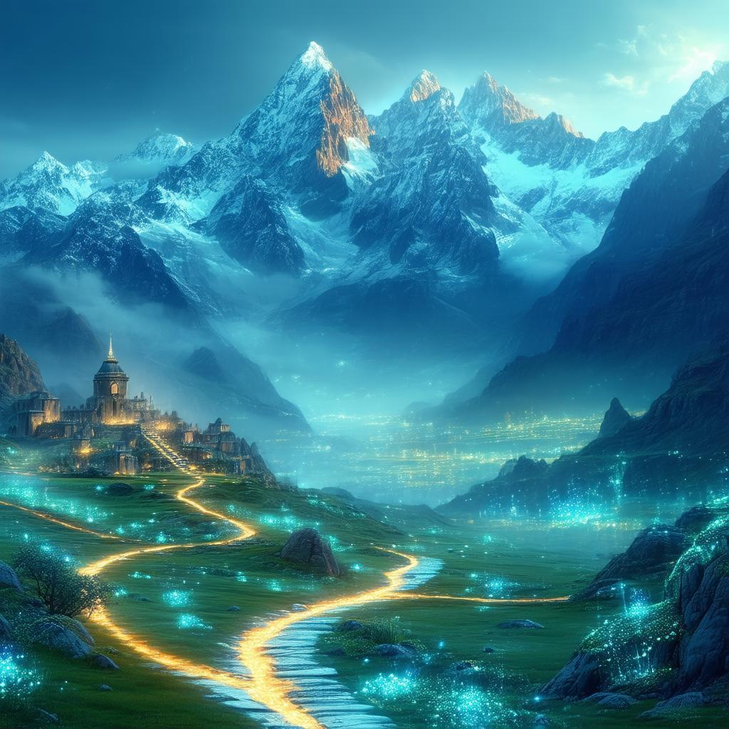 Bioluminescent Fantasy Peaks With Hidden Ancient Settlements