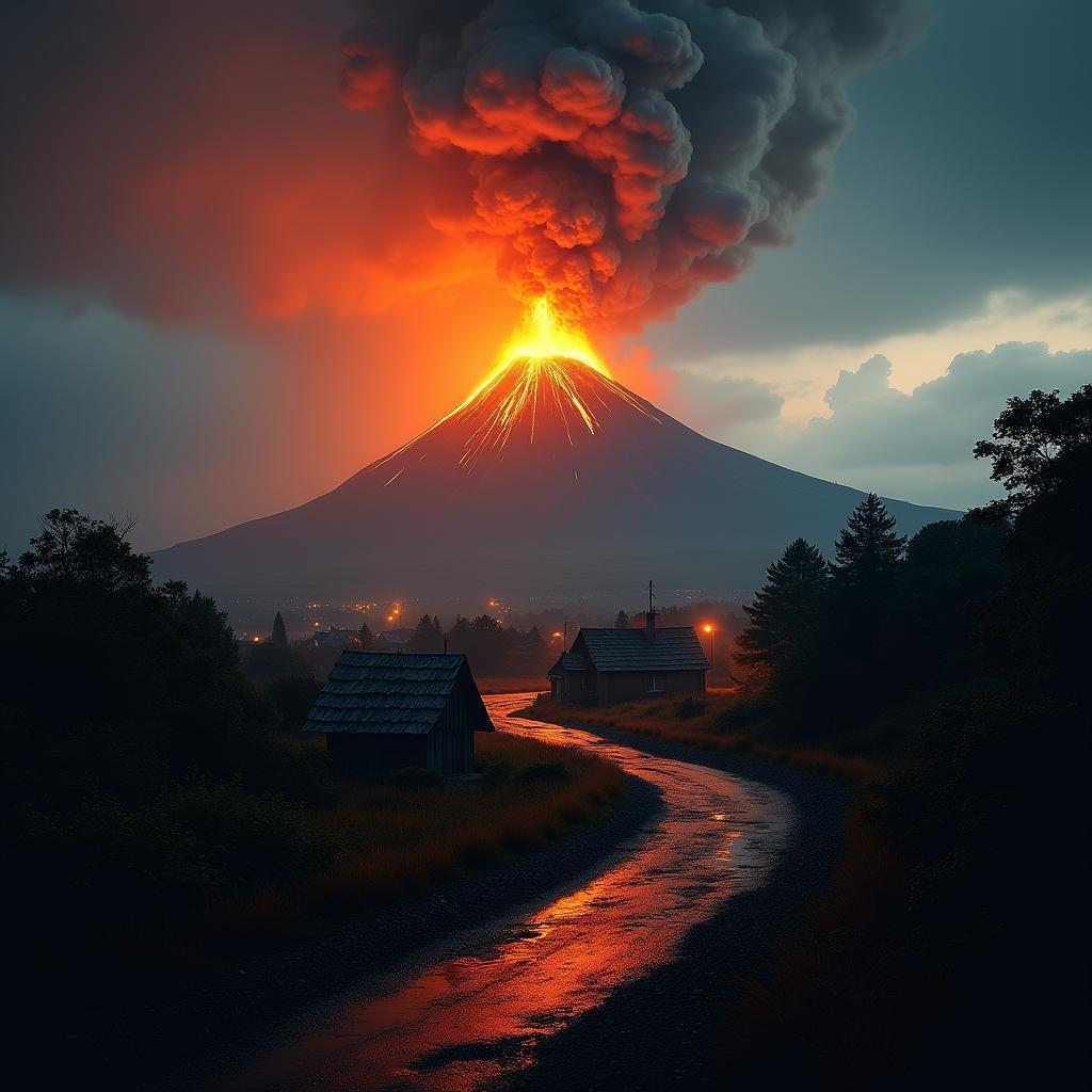 Volcano Erupting Beside a Small Town