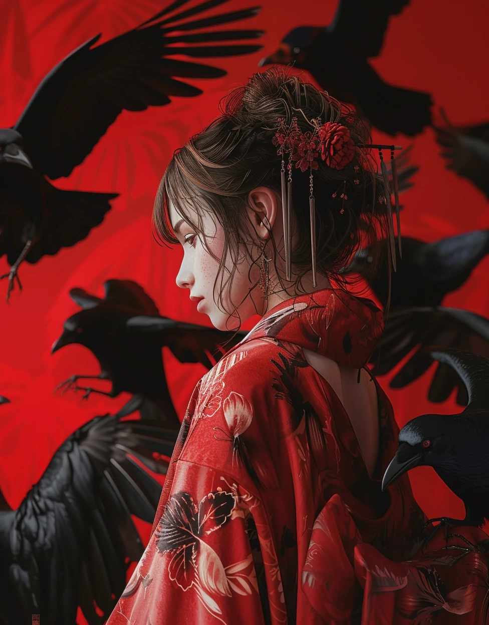 Woman Kimono Black Birds
