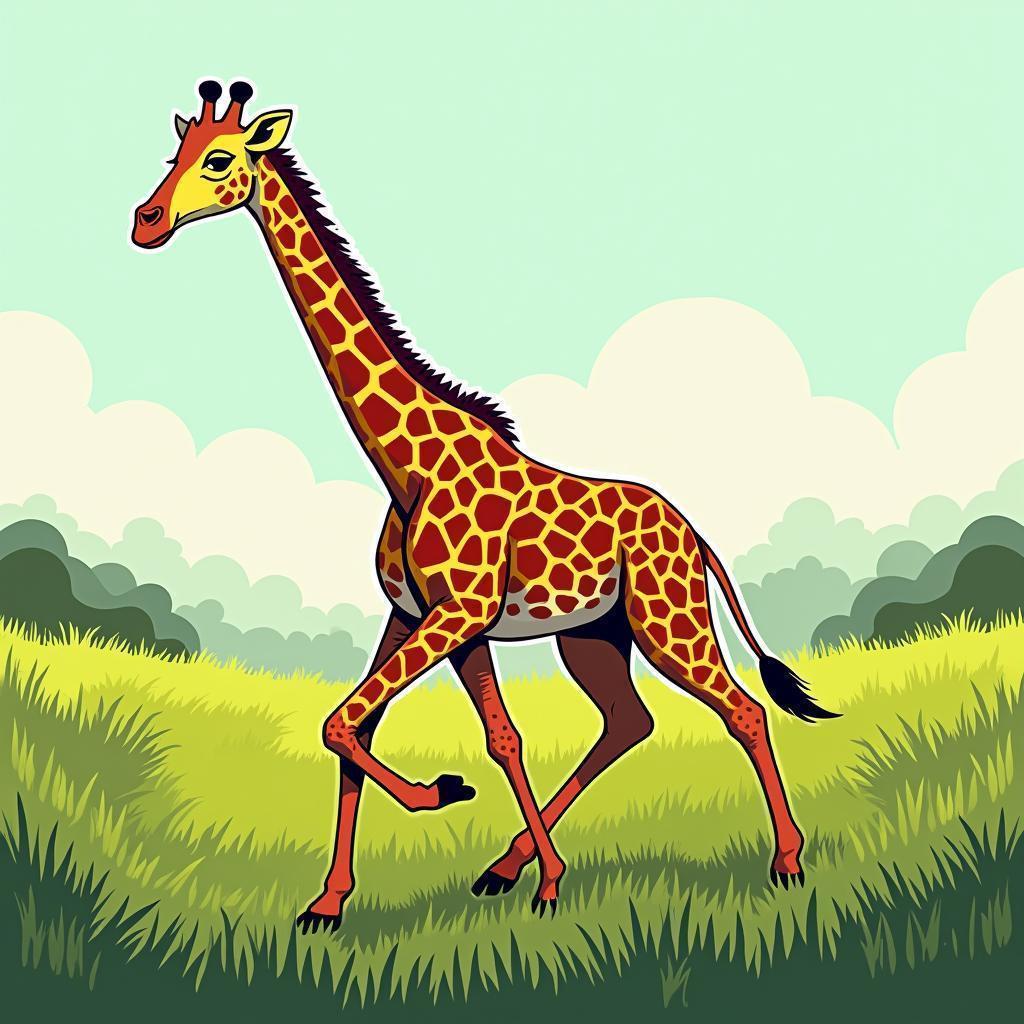 Vibrant Manga Giraffe Striding Emerald Grasslands