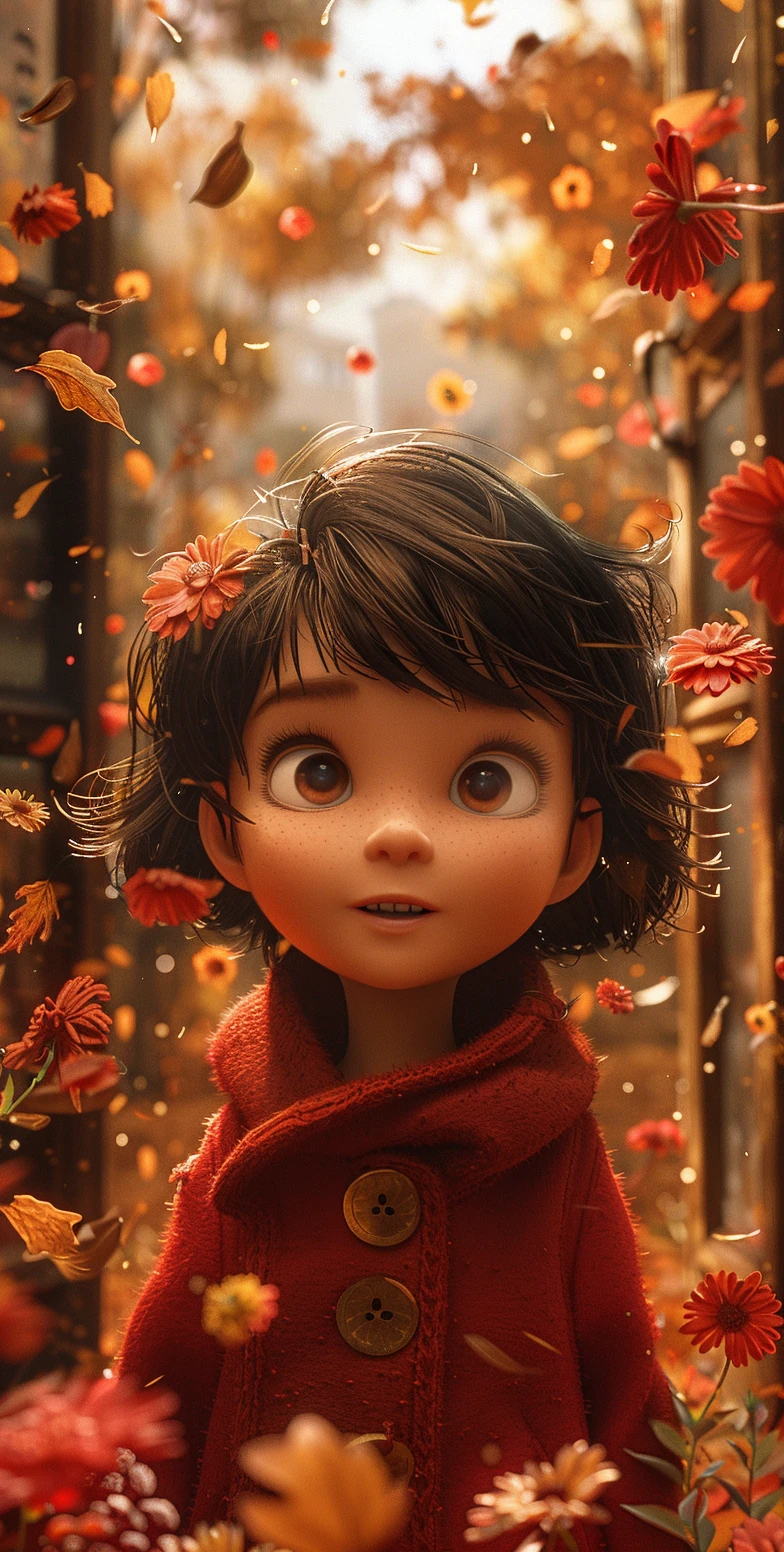 Girl Red Coat Autumn Leaves