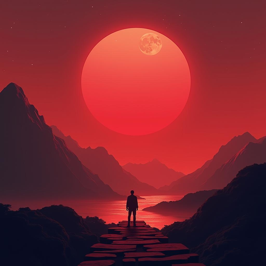 Red Mountain and Glowing Moon in Pixels