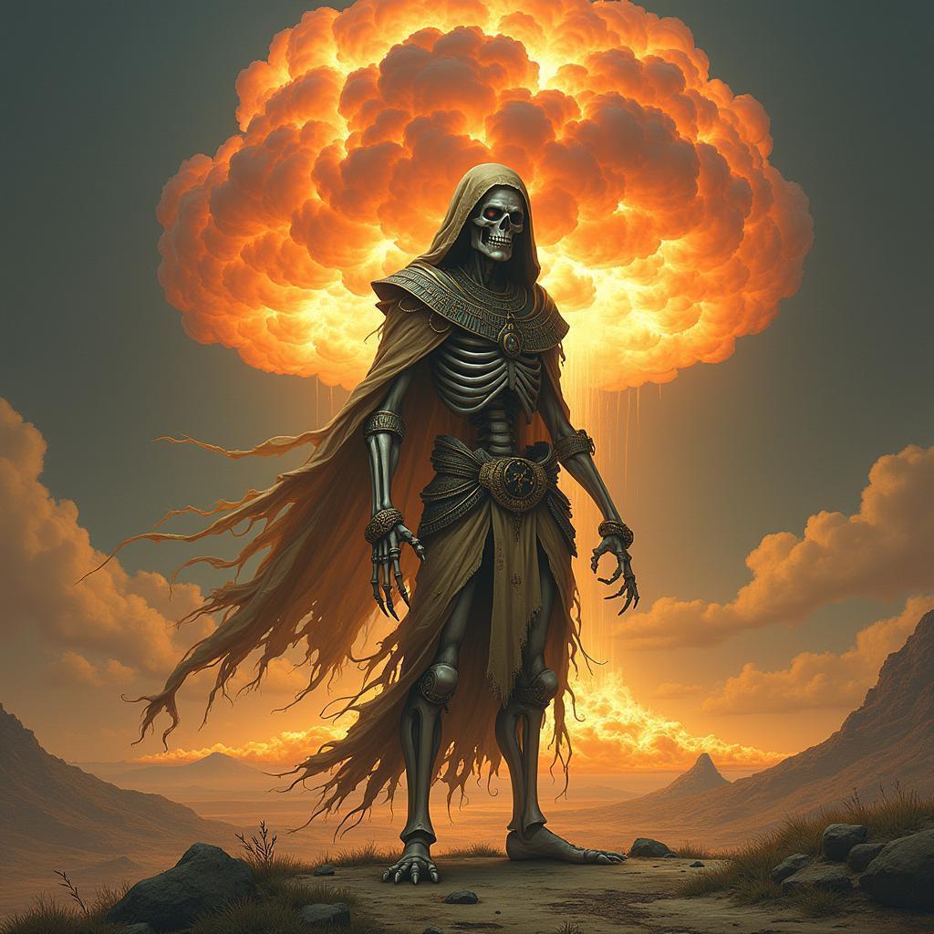 Grinning Egyptian Skeleton Before a Mushroom Cloud