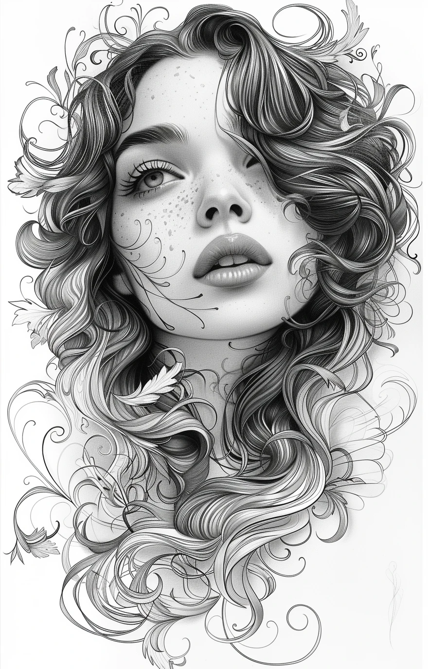 Woman Flowing Hair Engraving