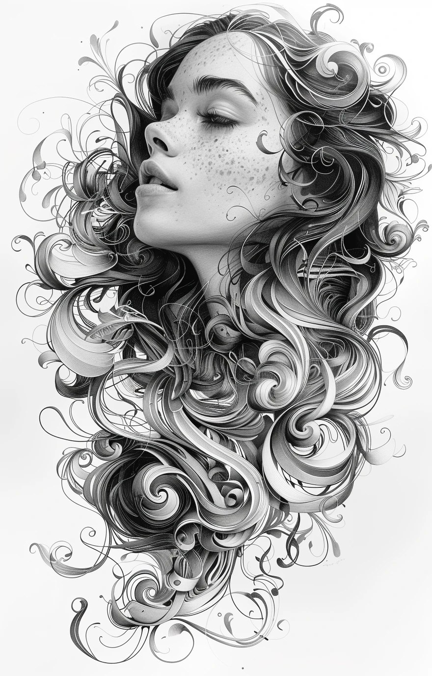 Woman Flowing Hair Engraving