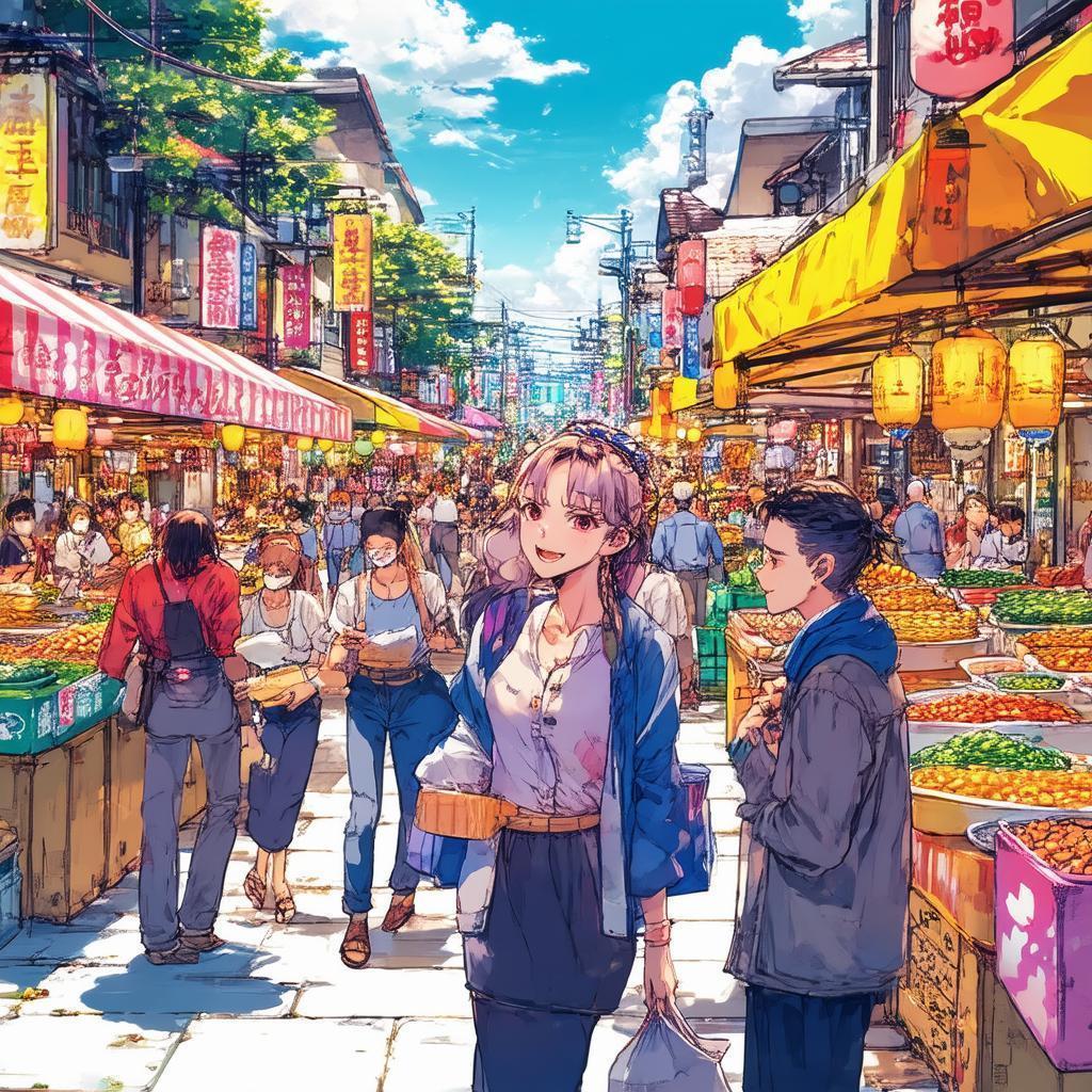 Bustling Street Market in High Energy Manga