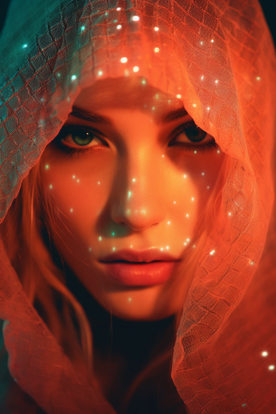 Veiled Woman Neon Grid Portrait