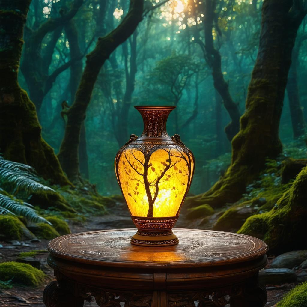 Ming Dynasty Vase Glowing in Ethereal Forest