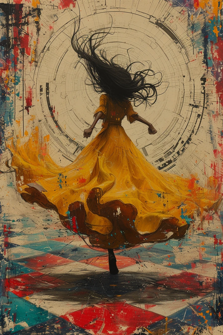 Girl Yellow Dress Checkered Floor