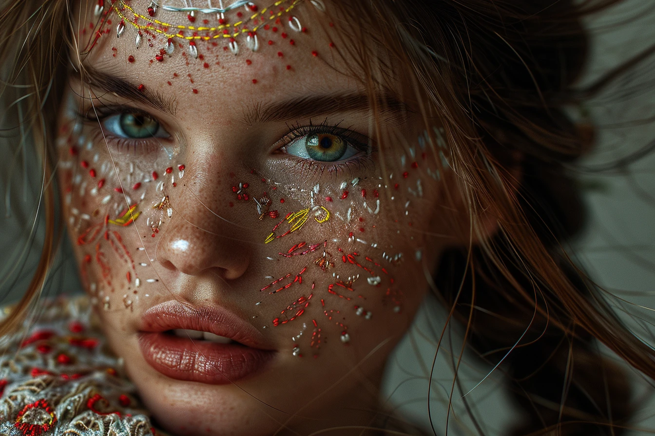 Thread Embroidery Girl Face Portrait