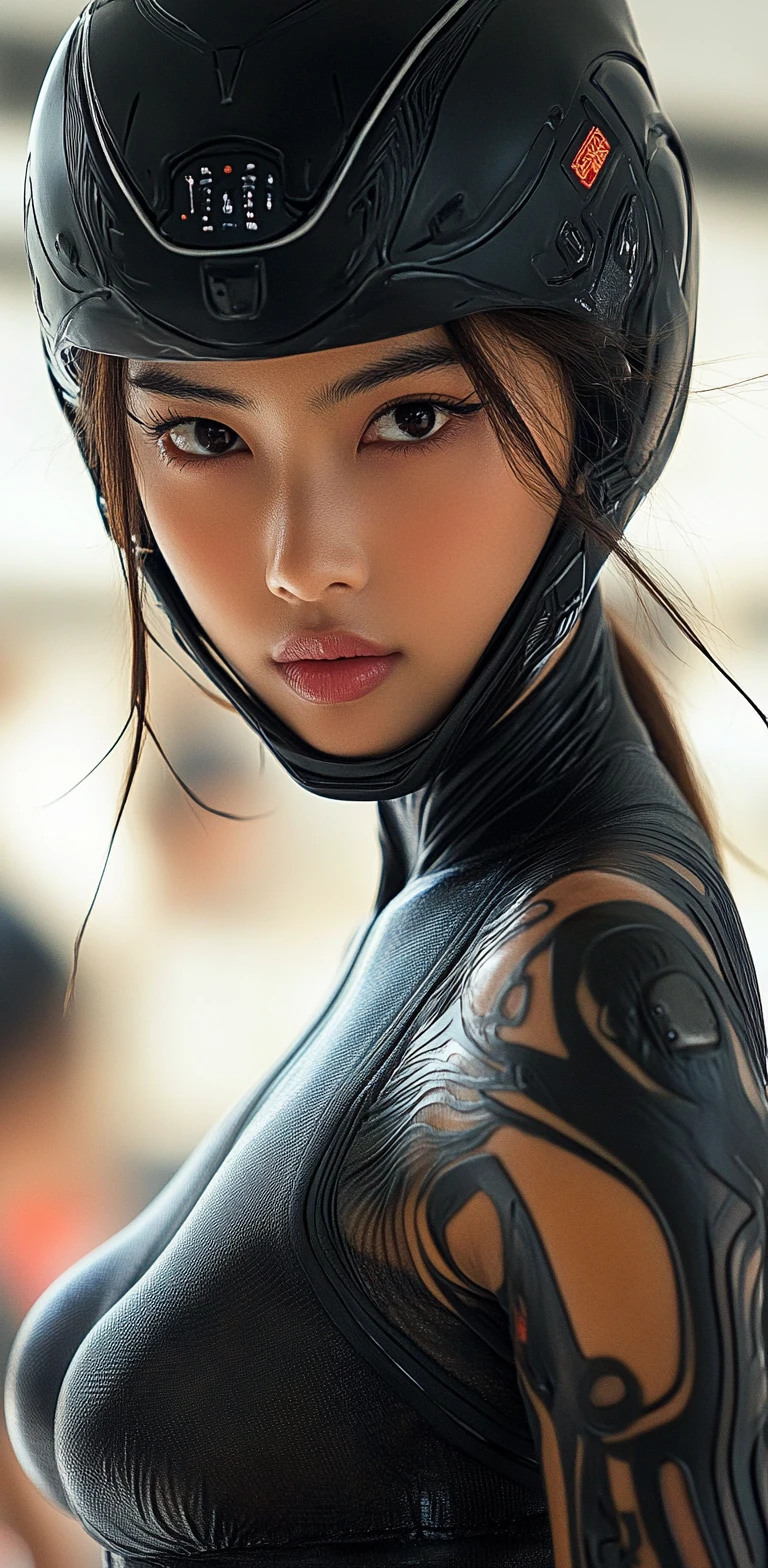 Woman Black Latex Helmet Futuristic