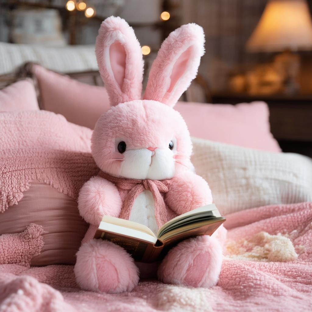 Pink Rabbit Reading in a Cozy Vintage Room