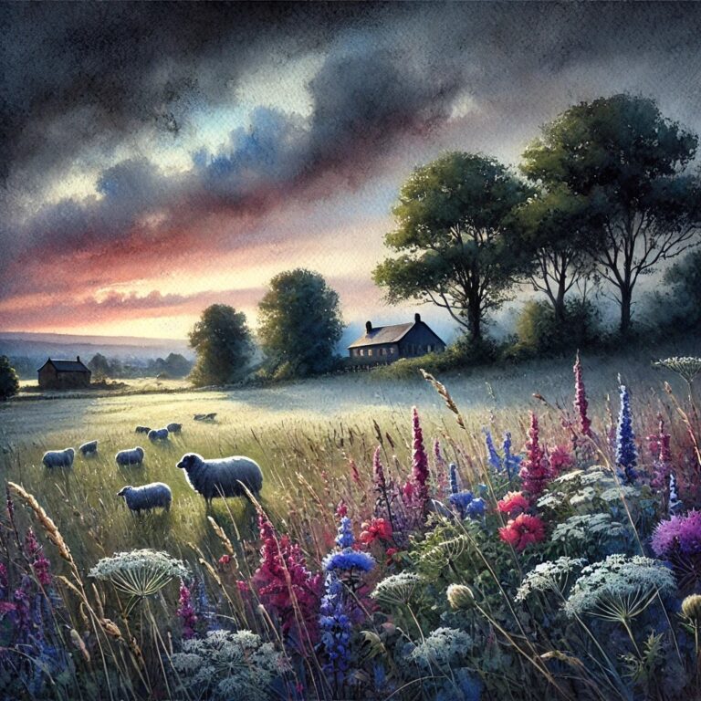 Watercolor Landscape of Twilight Field with Sheep