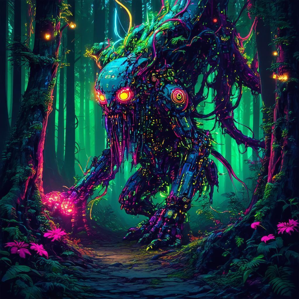 Neon Forest Monster With Cybernetic Tendrils