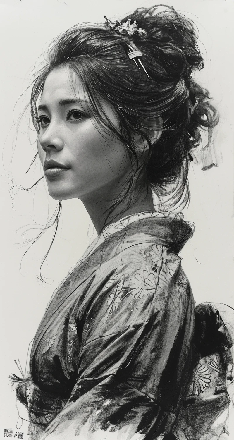 Japanese Woman Ink Drawing