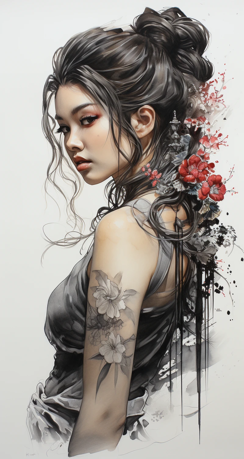 Japanese Woman Ink Drawing
