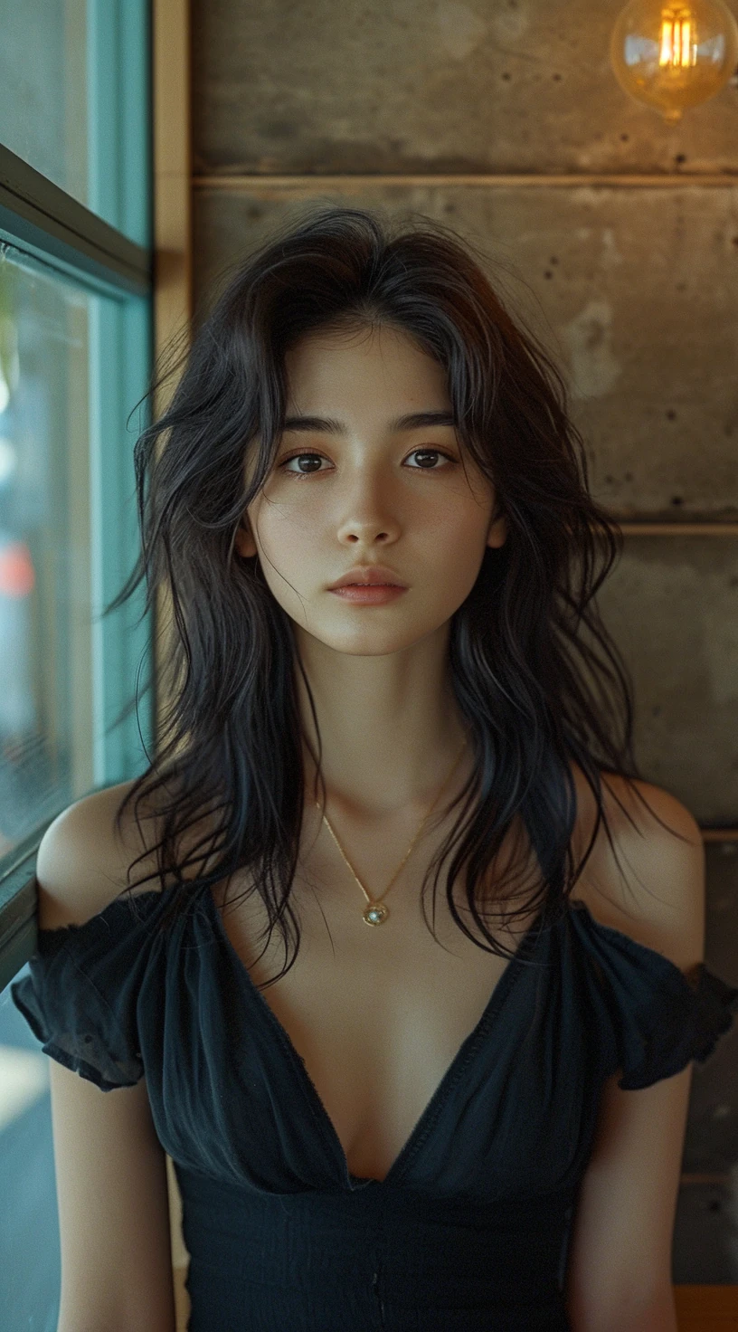 Young Woman Standing Front Wall Cafe