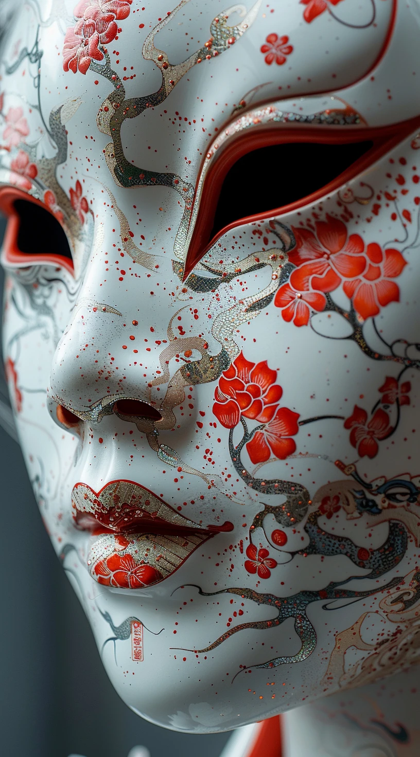 Closeup Mask White Red Patterns Featuring Oni