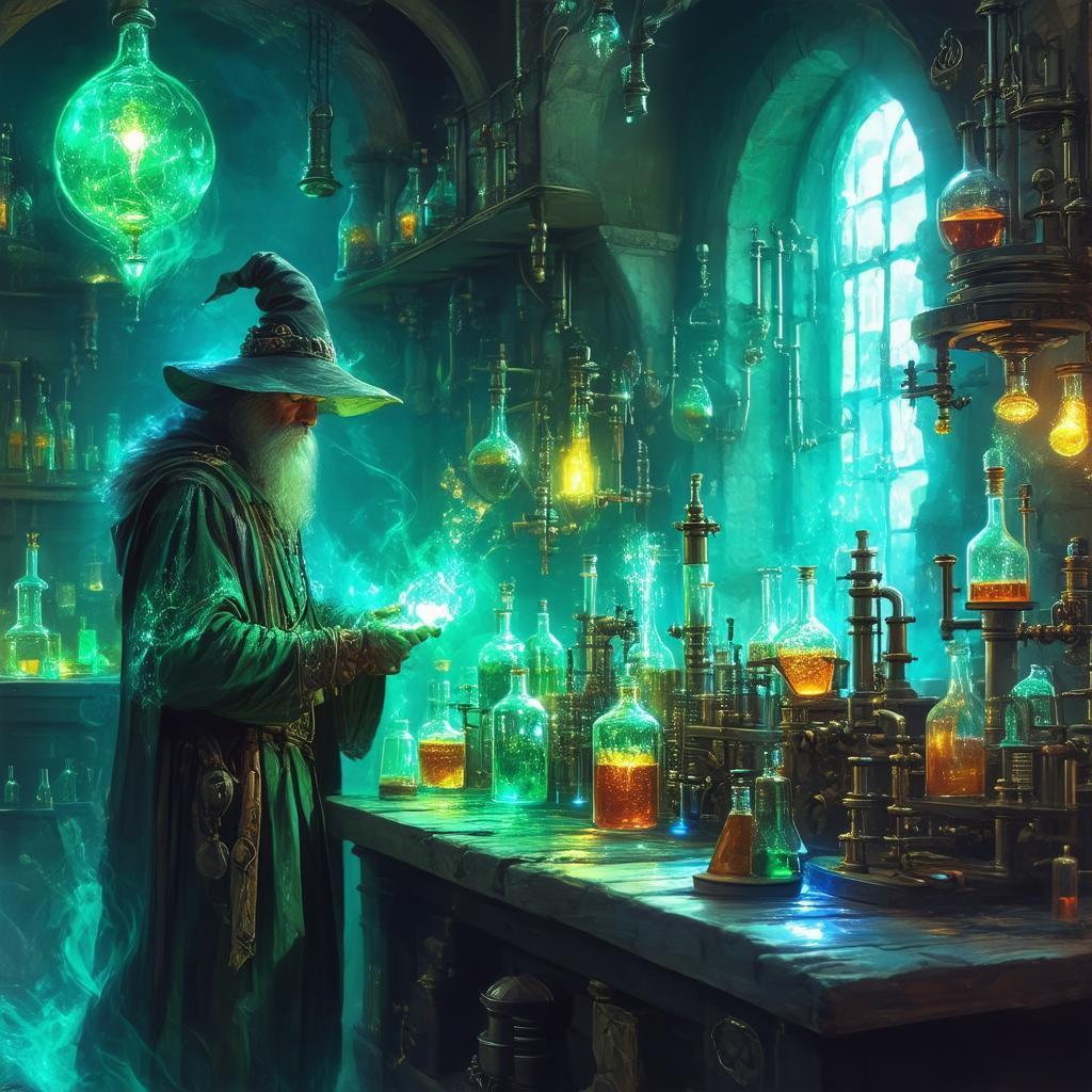 Alchemical Wizard Among Glowing Laboratory Potions
