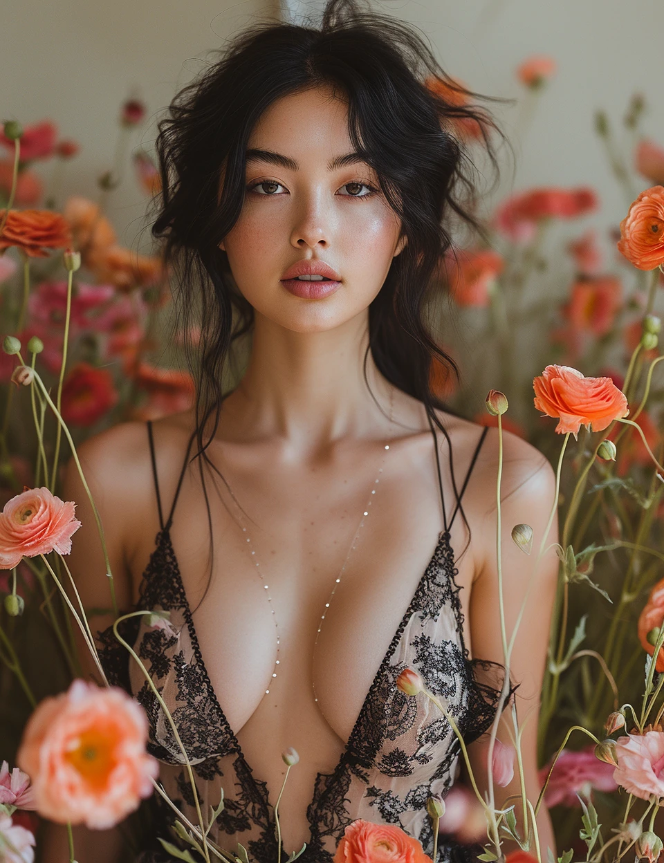 Black Haired Woman Posing Amidst Bright Flowers