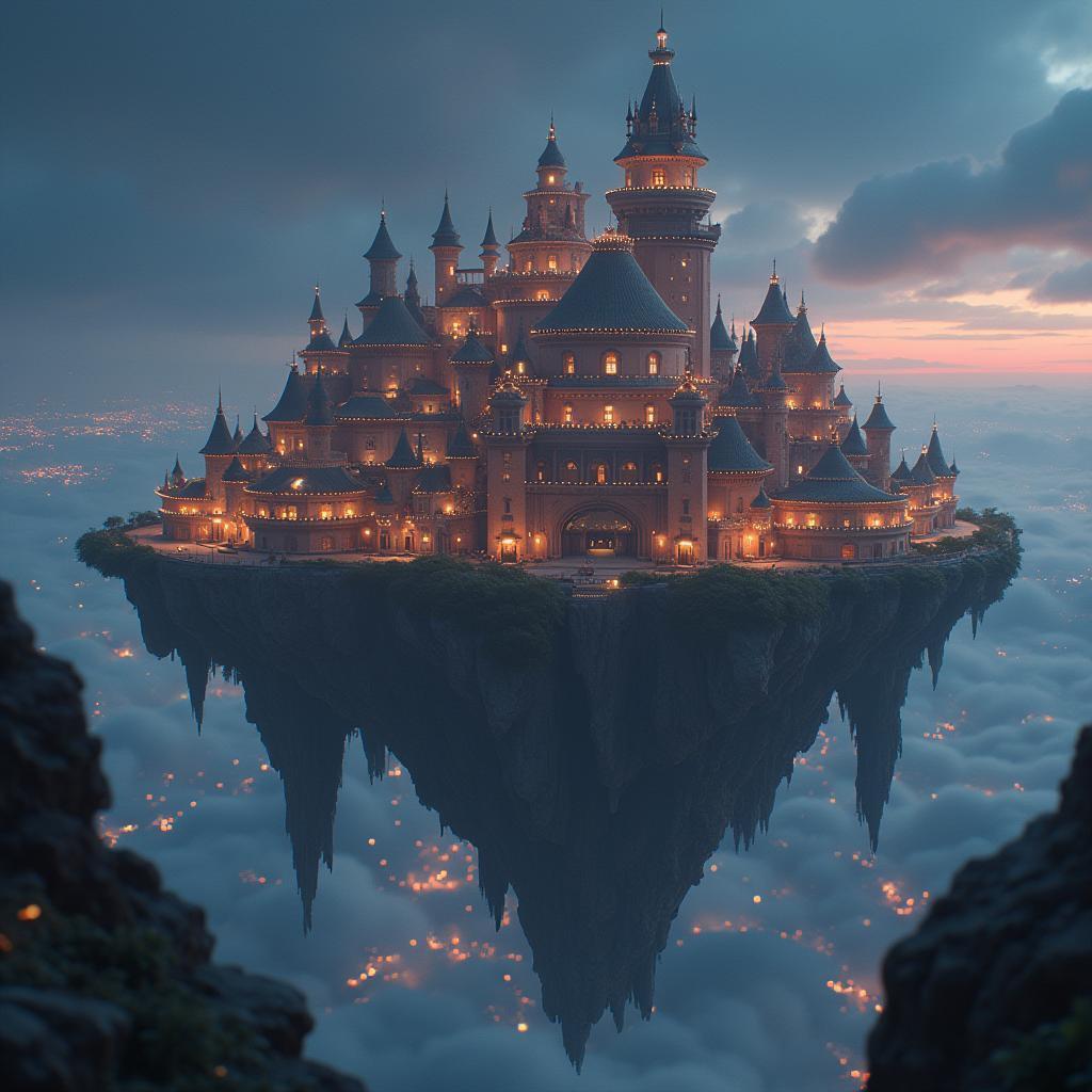 Floating Island Castle Twinkling in Deep Space