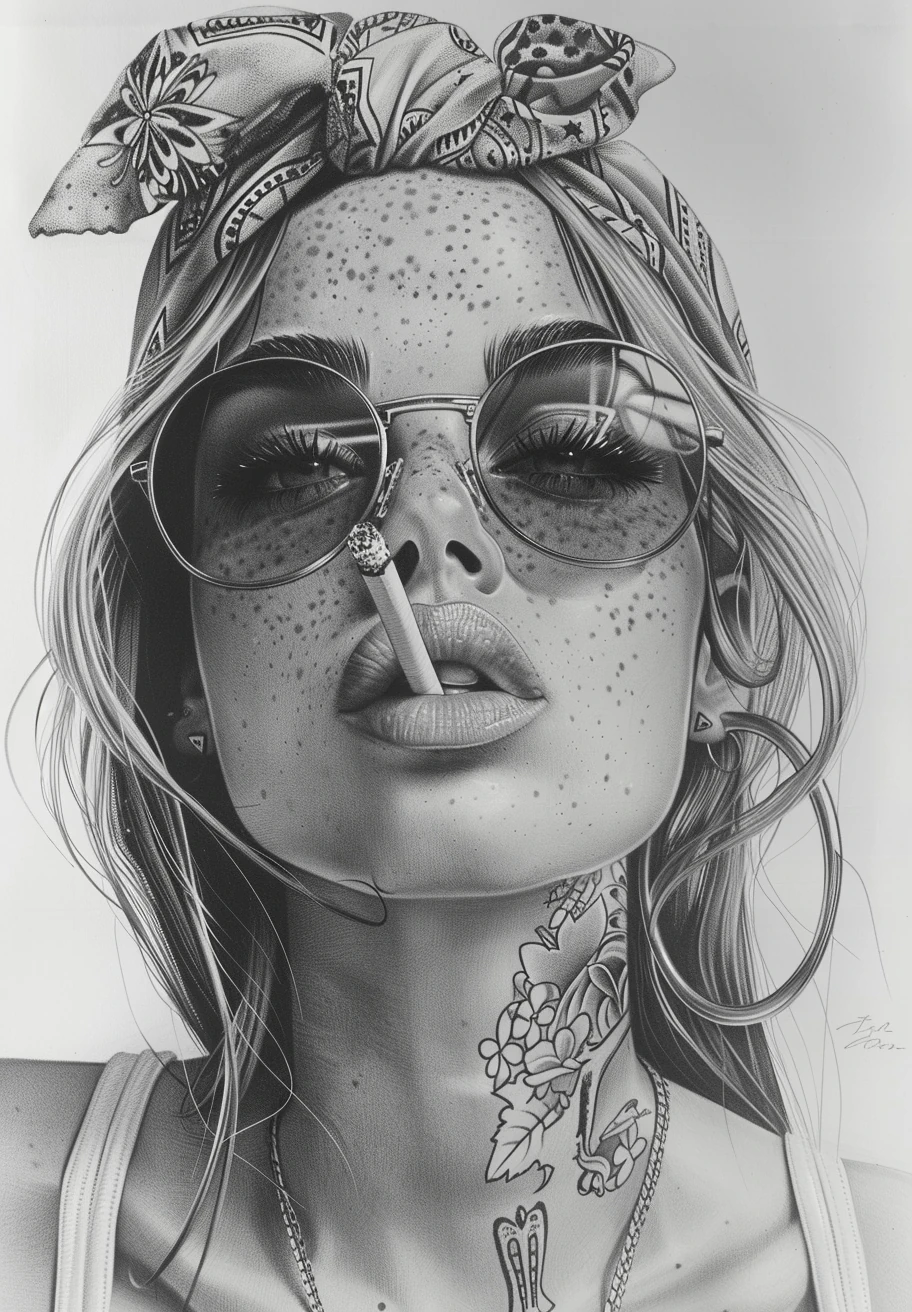 Detailed Black White Drawing Attractive Woman Freckles