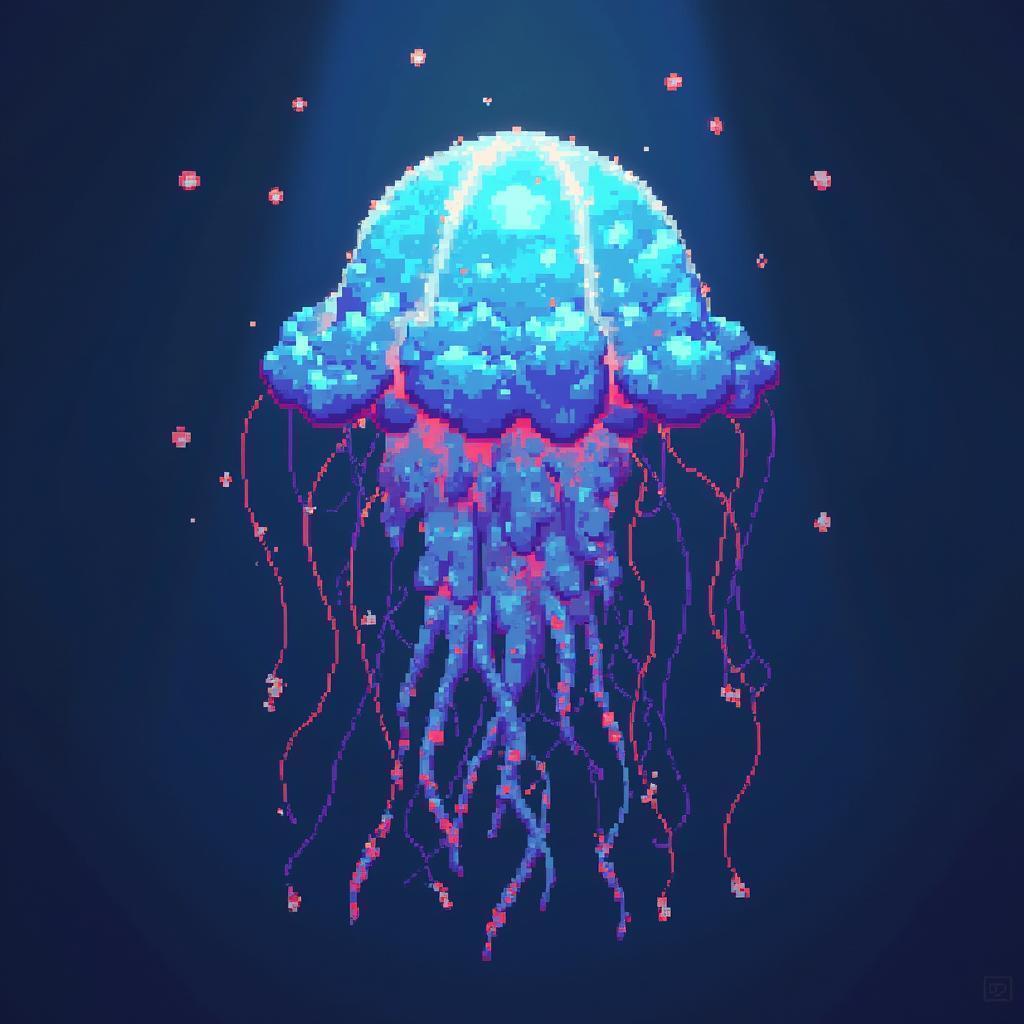 Bioluminescent Pixel Jellyfish in Serene Depths
