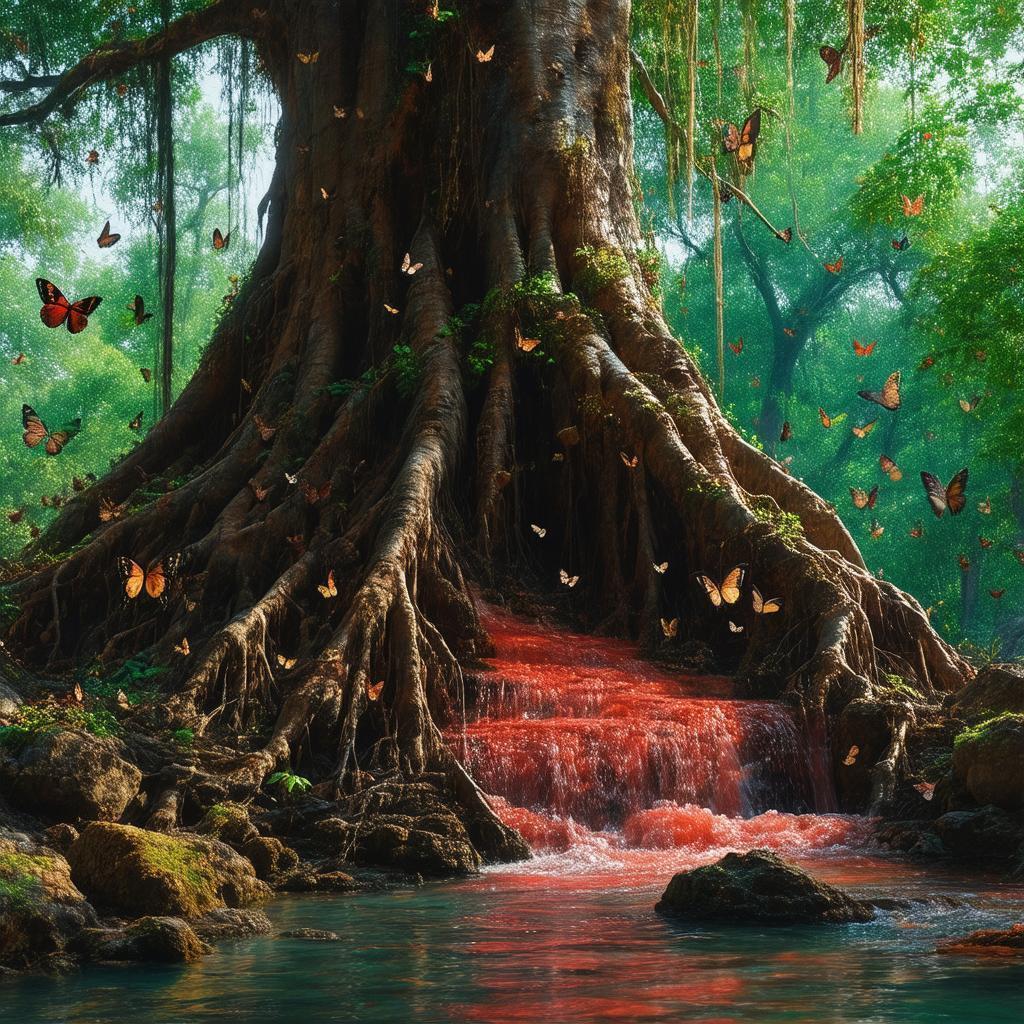 Decaying Giant Tree With Crimson Roots and Moths