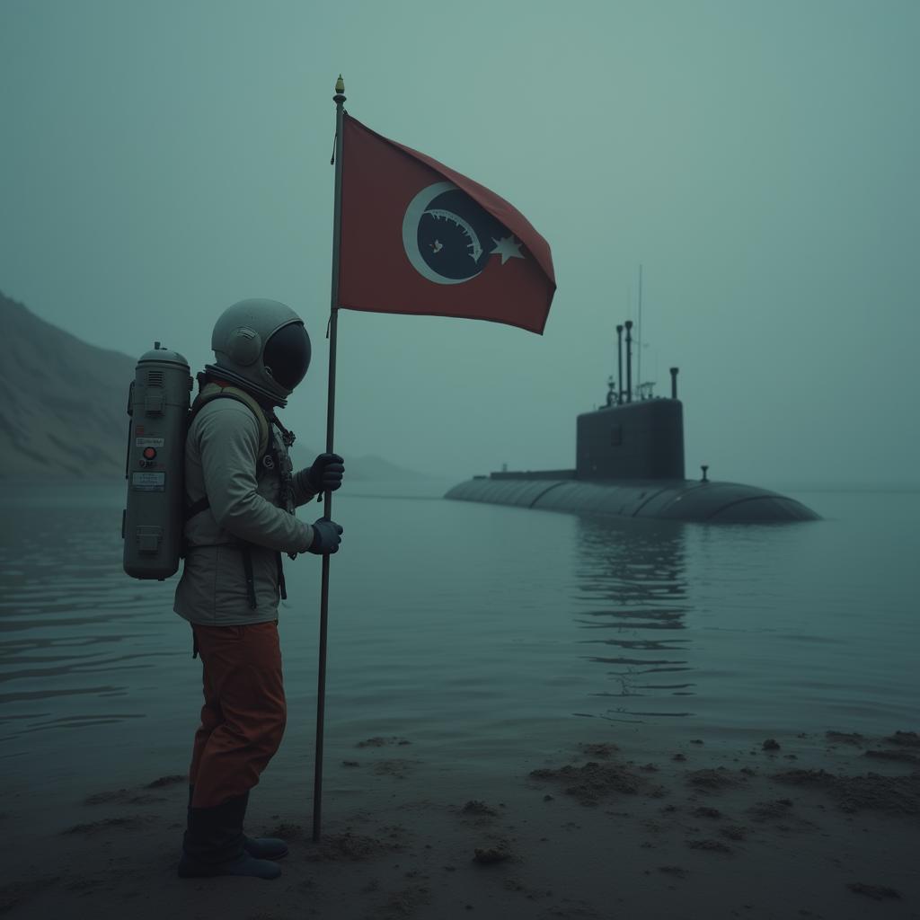 Astronaut Planting a Flag in a Submerged Desert