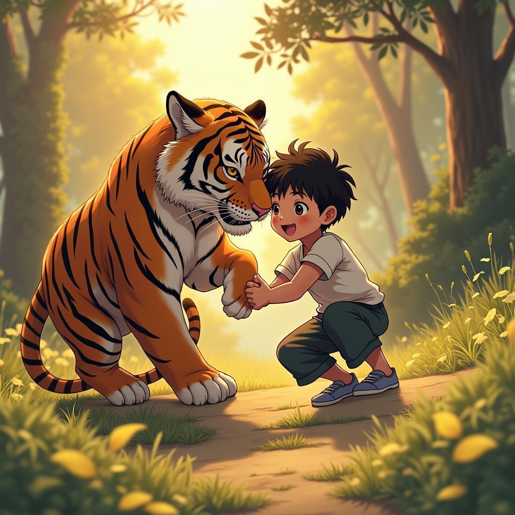 Boy and Tiger Playing in Golden Anime Light