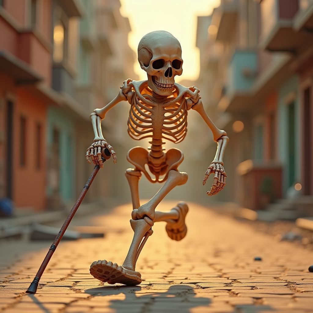 Claymation Skeleton Sprinting With a Cane