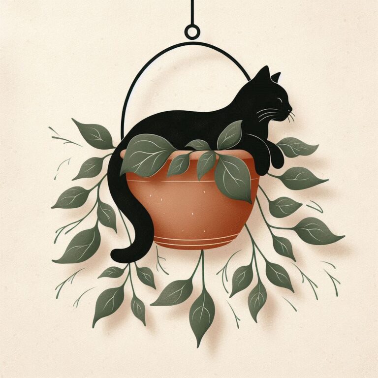Black Cat Lounging in Terracotta Hanging Pot