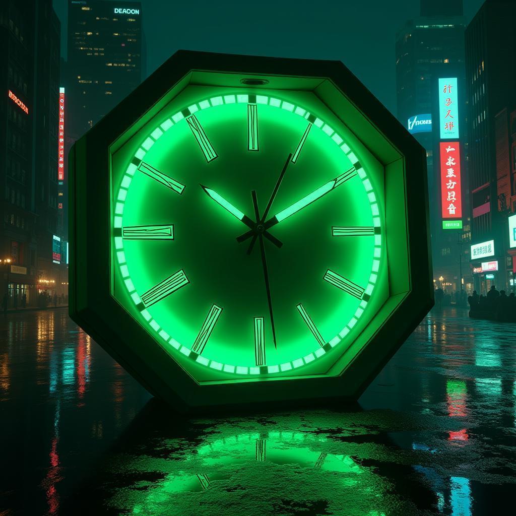 Green Pentagon Clock in Neon Anime Style