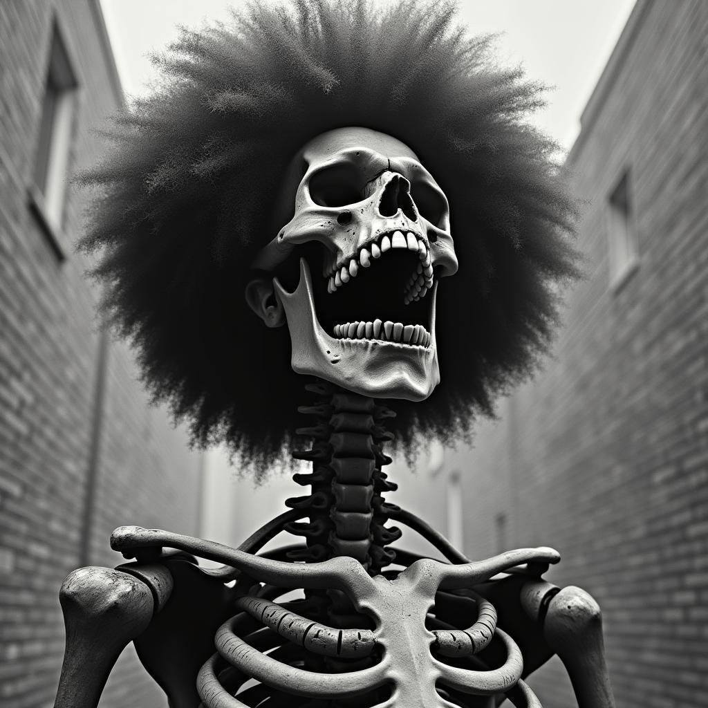 Afro Skeleton Laughing in High Contrast Monochrome