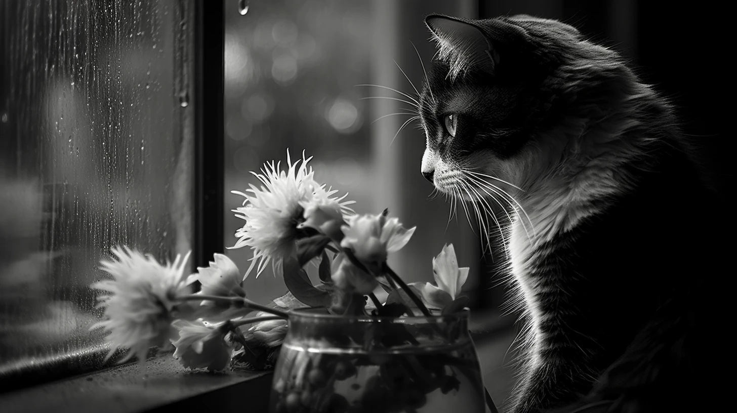 Cat Rainstorm Window Wilted Flowers Monochrome