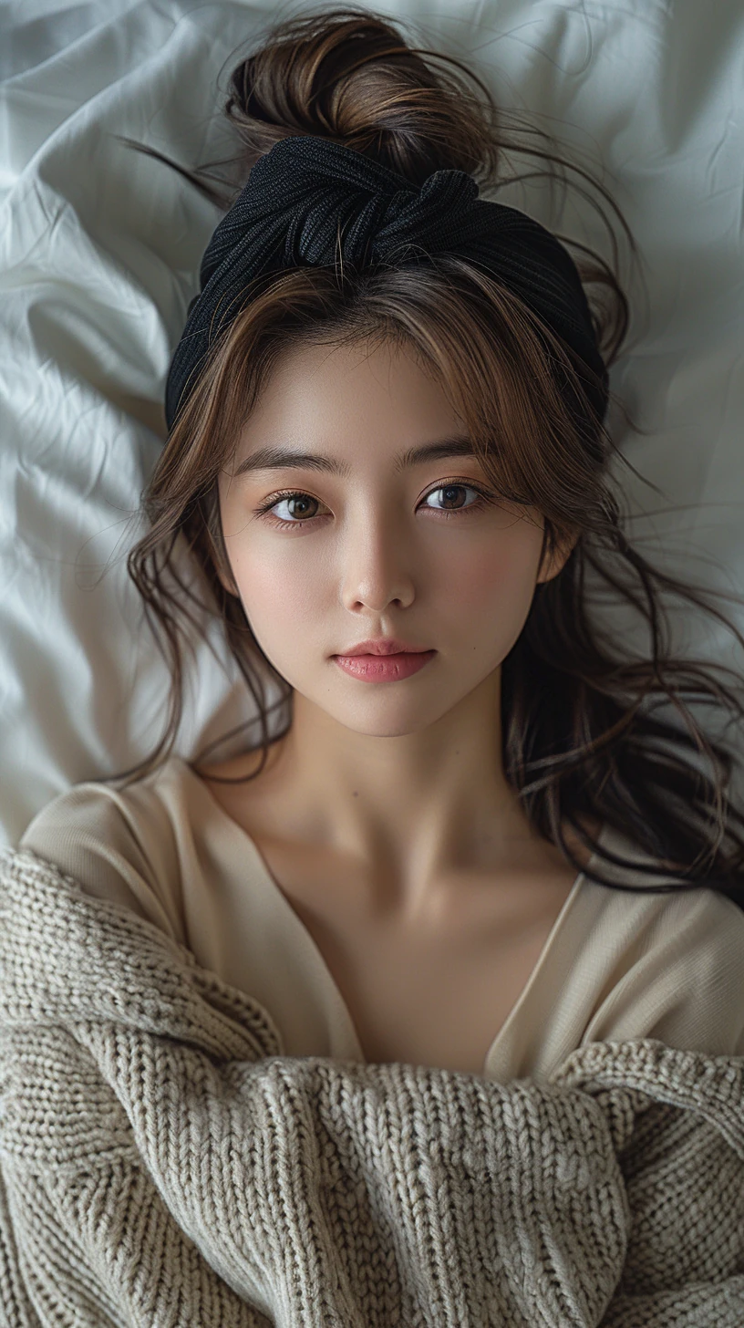 Korean Girl Beige Sweater Bed Smiling